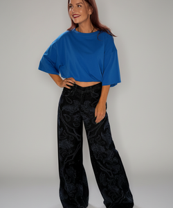 RHINESTONE PRINTED PALAZZO JEANS - DARK BLUE
