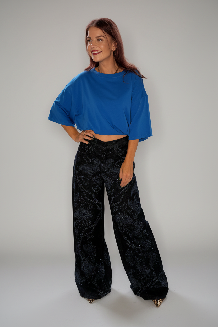 RHINESTONE PRINTED PALAZZO JEANS - DARK BLUE