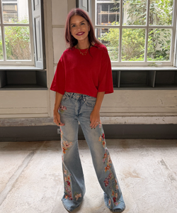 EMBROIDERY FLARE JEANS - CORNFLOWER/BLUE