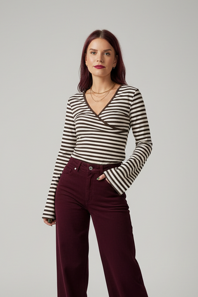 RAMY STRIPED TOP - BROWN/WHITE