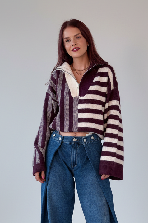 BUTCH STRIPED ZIPPER PULLOVER - PURPLE