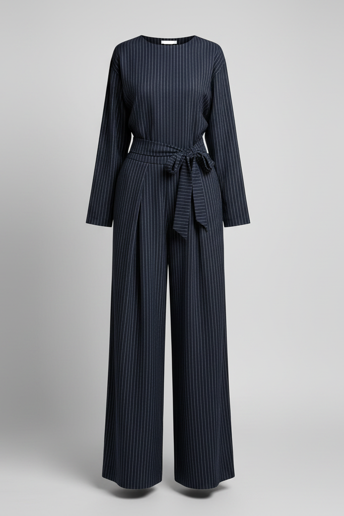 ALY PINSTRIPED BOW SHIRT - NAVY