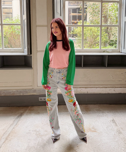 EMBROIDERY STRAIGHT JEANS - CUTWORK FLORAL BLUE