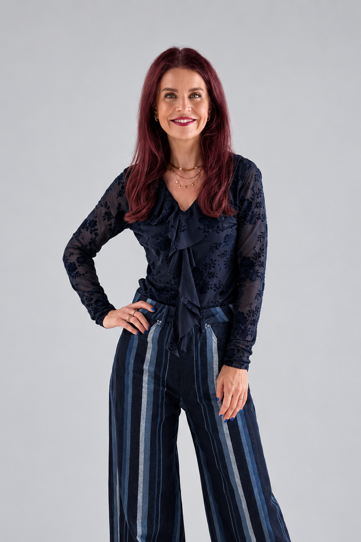 CARO RUFFLE BLOUSE - NAVY