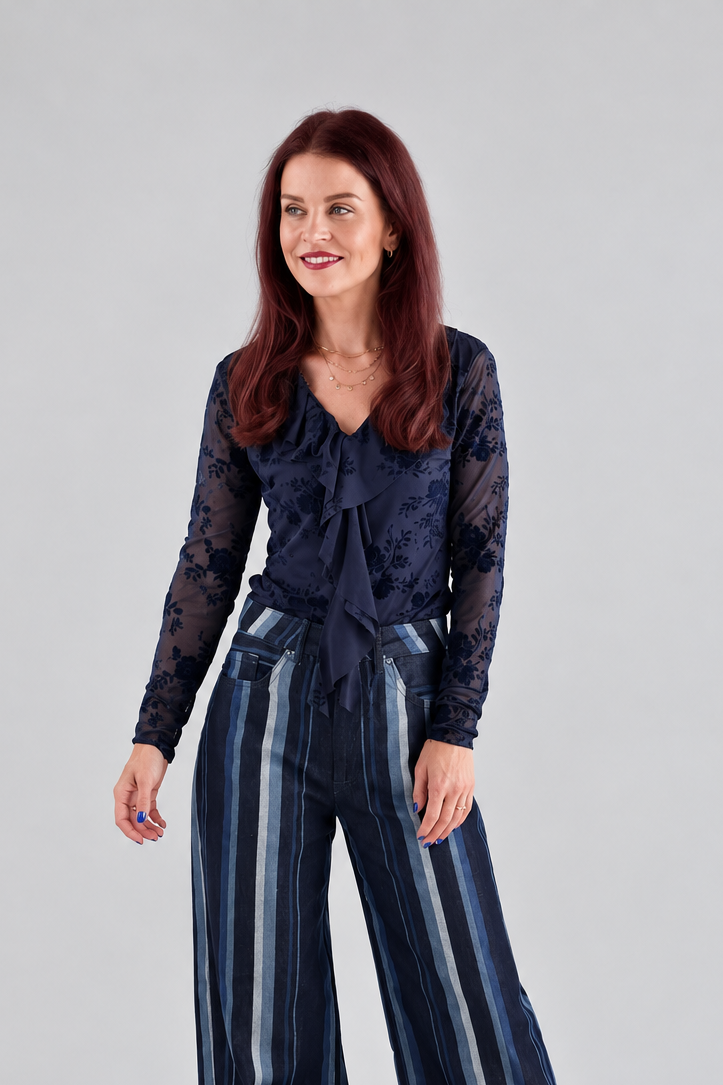 CARO RUFFLE BLOUSE - NAVY