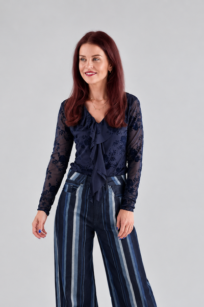 CARO RUFFLE BLOUSE - NAVY