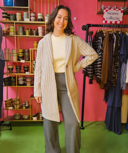 LONG STRIPED TEDDY COAT - BEIGE