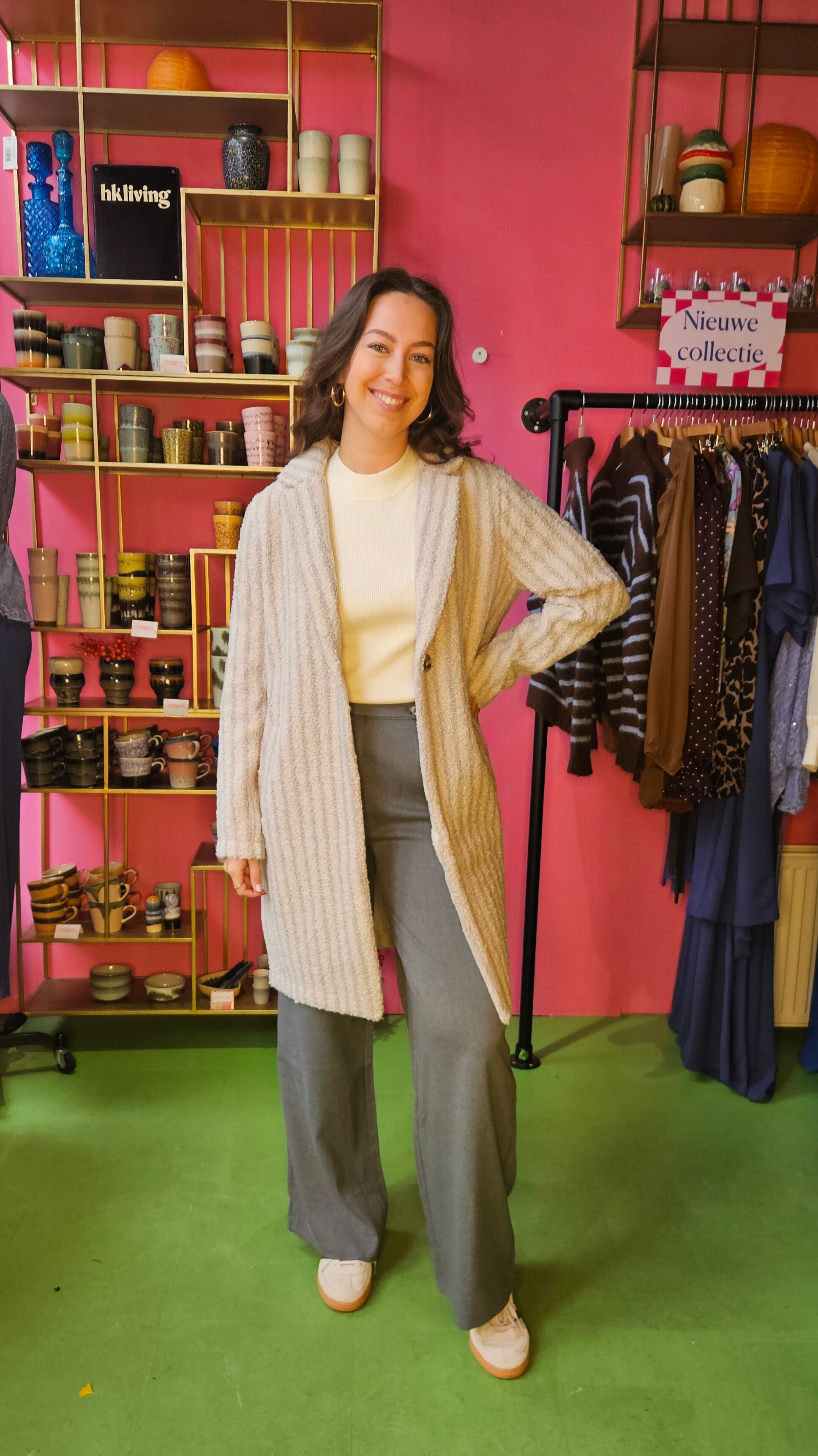 LONG STRIPED TEDDY COAT - BEIGE