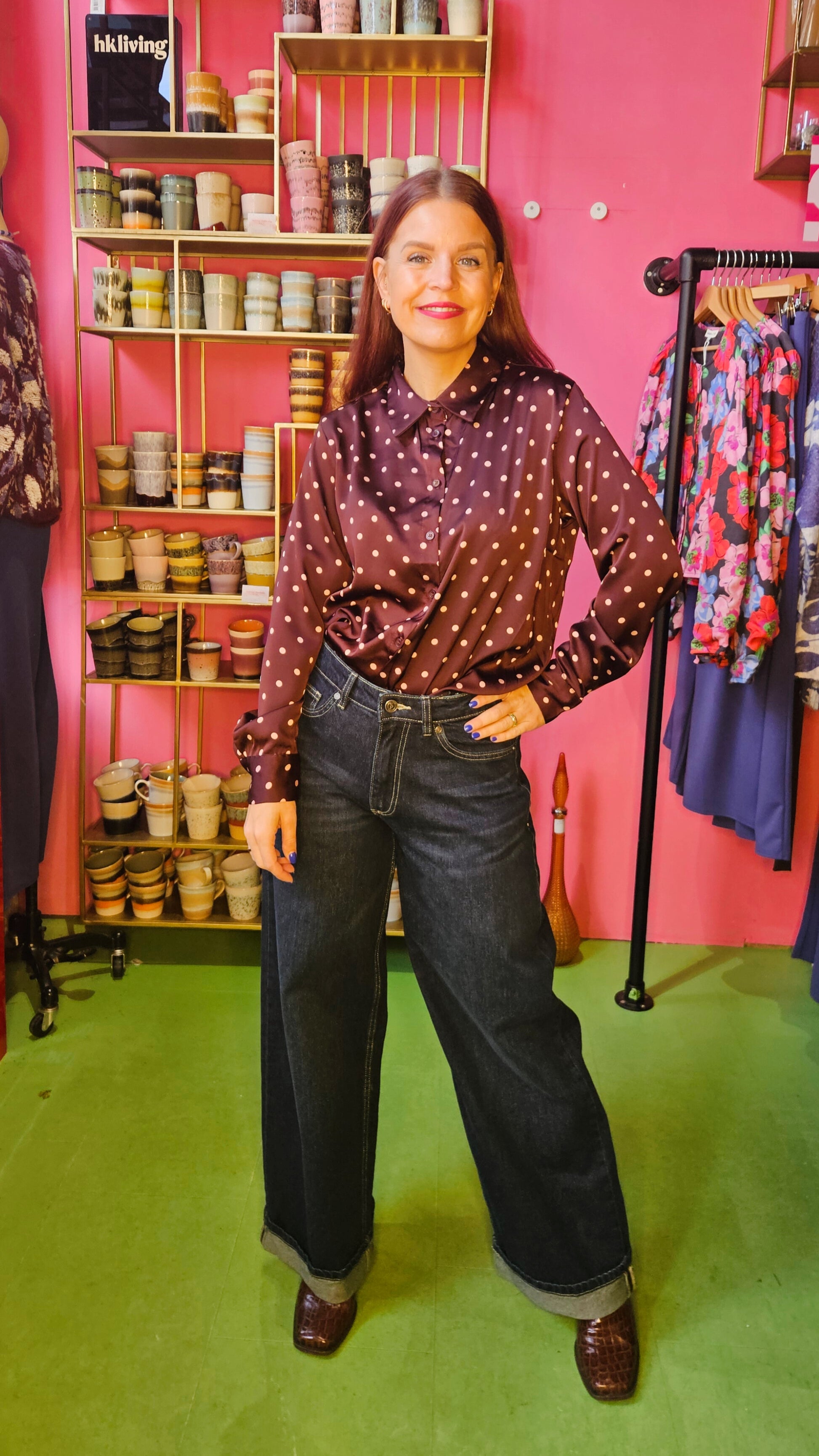 VEERLE SATIN POLKA DOT BLOUSE - BROWN