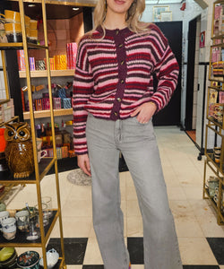 ROSEY STRIPED CARDIGAN - BORDEAUX