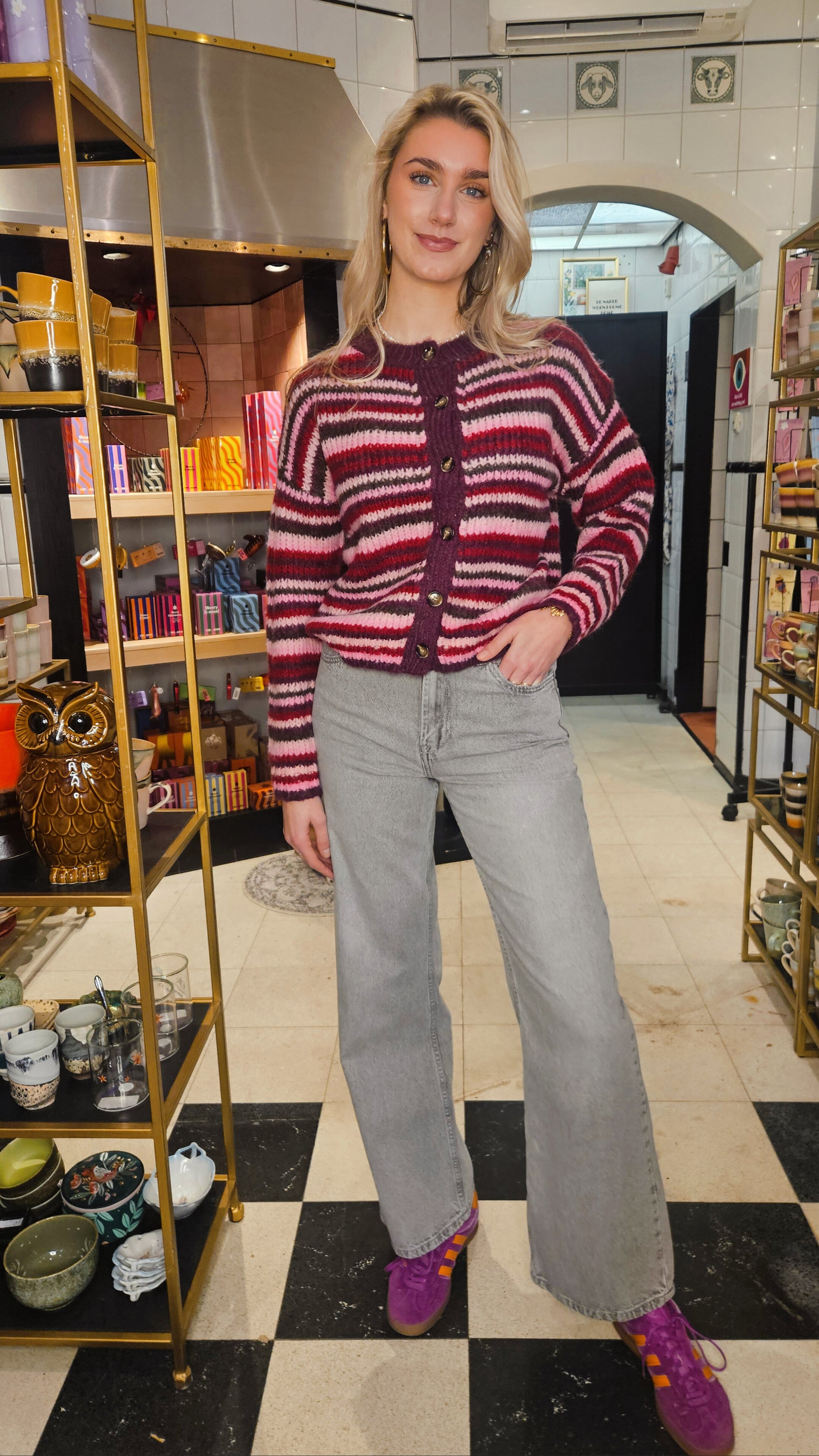 ROSEY STRIPED CARDIGAN - BORDEAUX