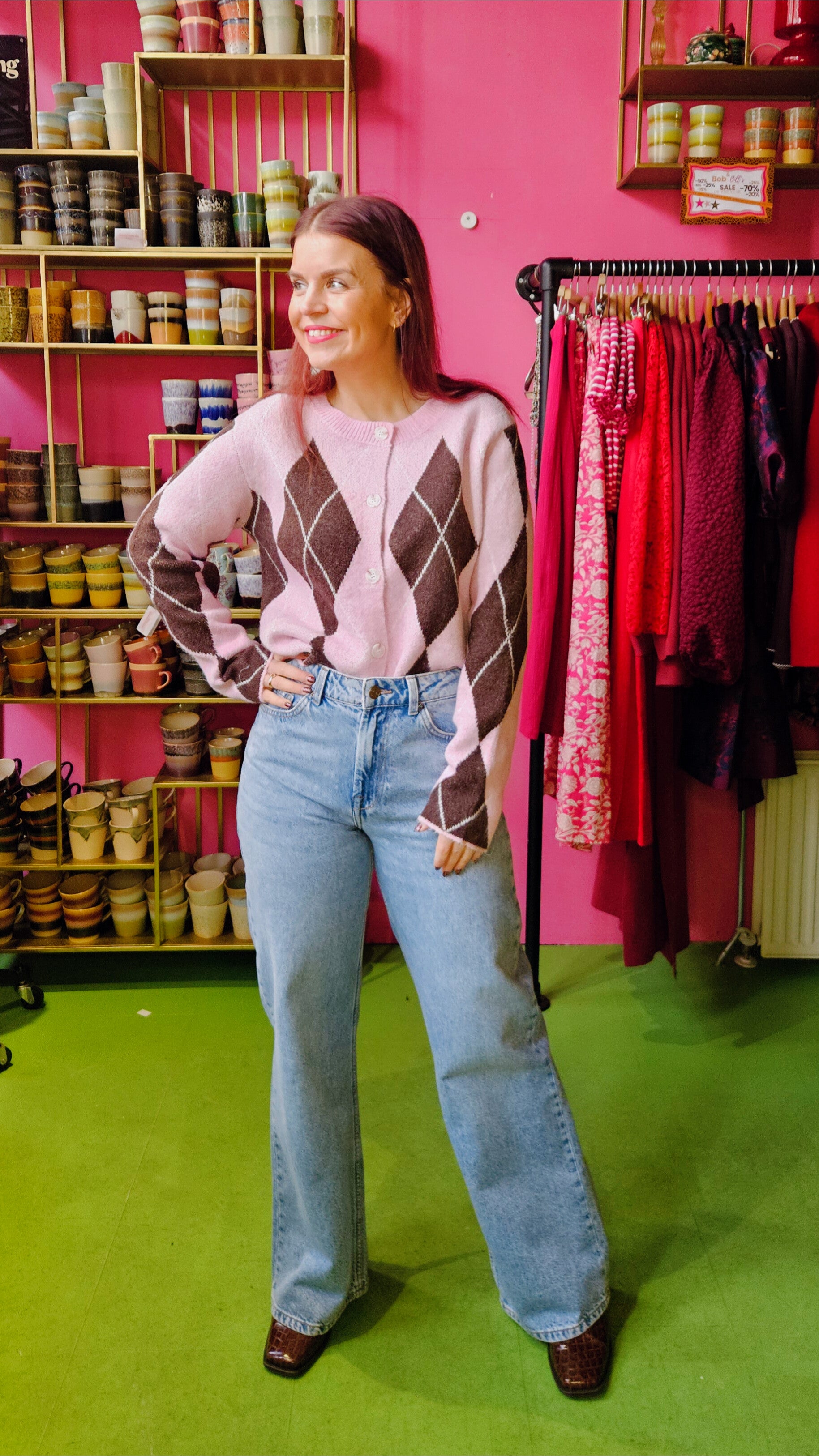 FRANNE DIAMOND CARIDGAN - PINK/BROWN