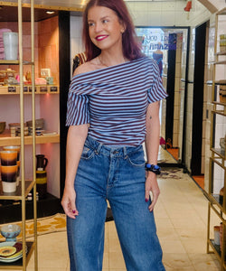 ROMIJN STRIPED OFF SHOULDER TEE - BROWN/BLUE