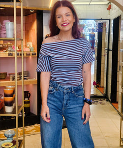 ROMIJN STRIPED OFF SHOULDER TEE - BROWN/BLUE