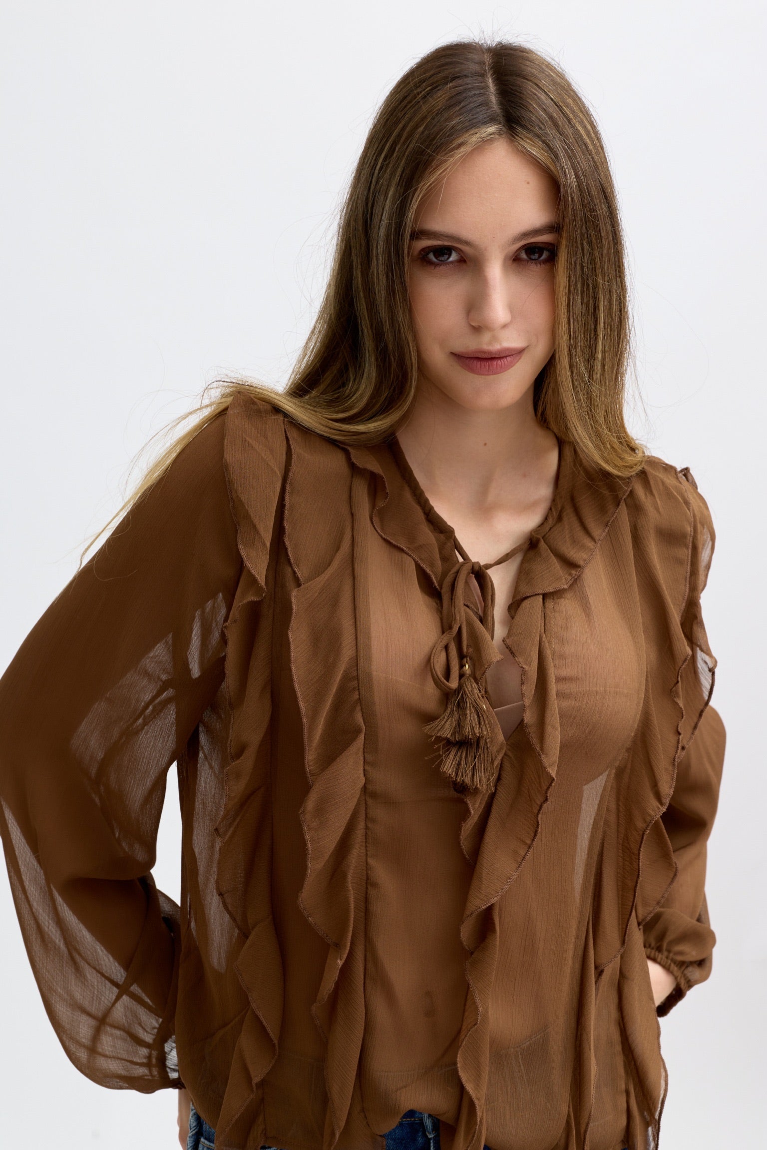 INKE RUFFLES BLOUSE - BROWN