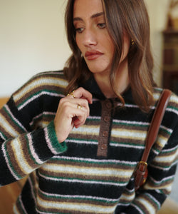 LIZIE STRIPED KNIT POLO - BLACK/GREEN