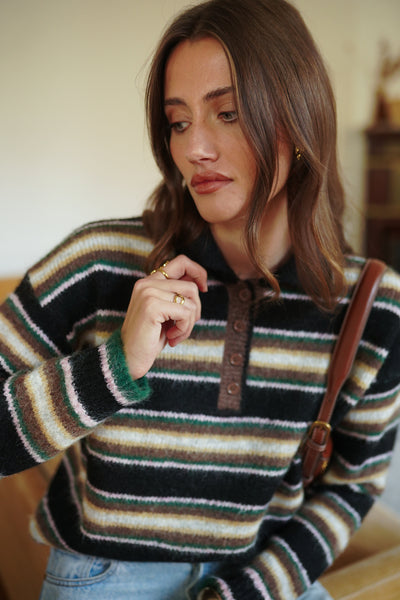 LIZIE STRIPED KNIT POLO - BLACK/GREEN