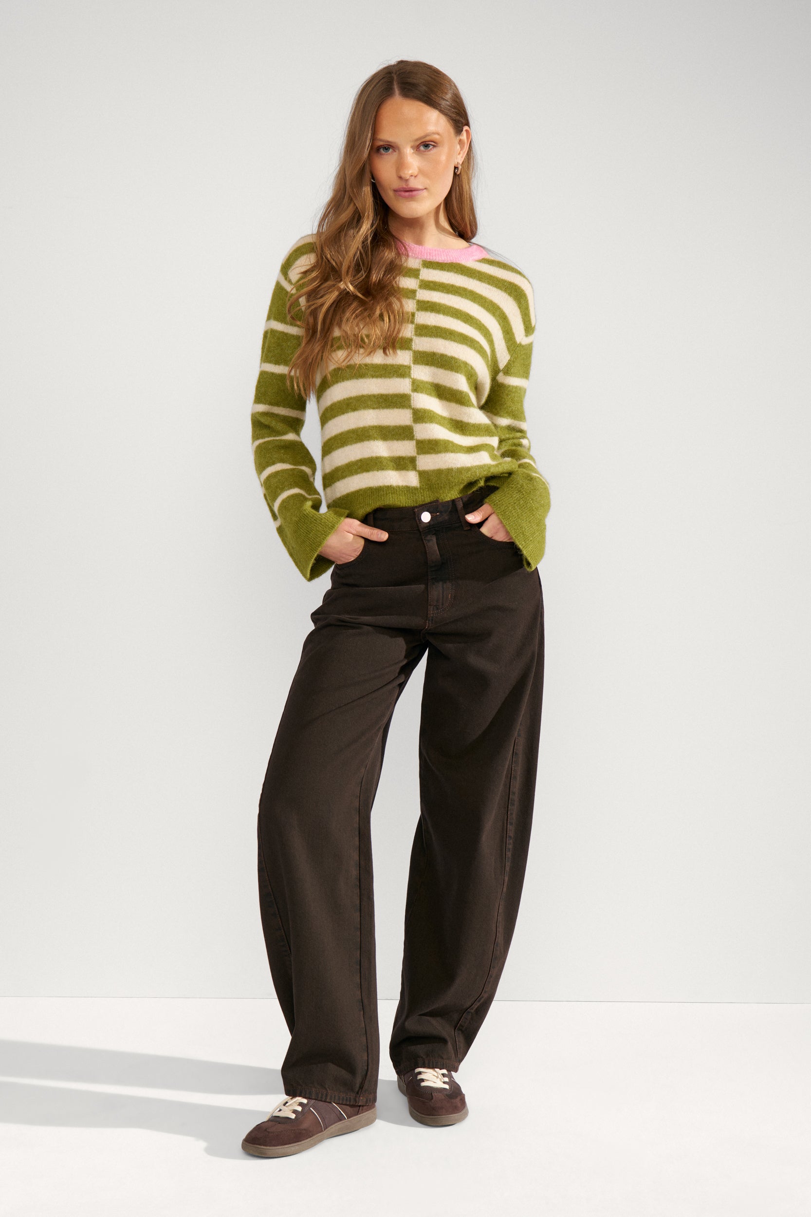 NÜMPH | RIETTE BLOCK STRIPE PULLOVER - CALLA GREEN
