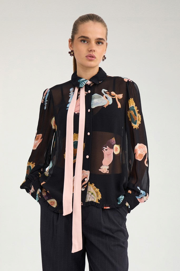 Bob & Bill Nümph Ophelia overhemd in zwart met kleurrijke print, lange mouwen, kraag en roze strikdetail