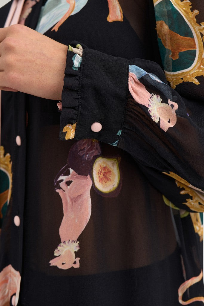 Bob & Bill Nümph Ophelia overhemd in zwart met kleurrijke print, lange mouwen en roze knoopjes van 100% viscose.