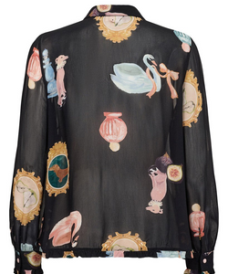 Bob & Bill Nümph Ophelia overhemd in zwart met kleurrijke vintage print van lijsten en objecten in viscose