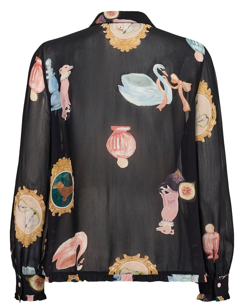 Bob & Bill Nümph Ophelia overhemd in zwart met kleurrijke vintage print van lijsten en objecten in viscose