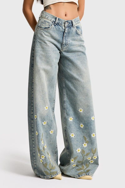 EMBROIDERY PALAZZO JEANS - DAISY BLUE