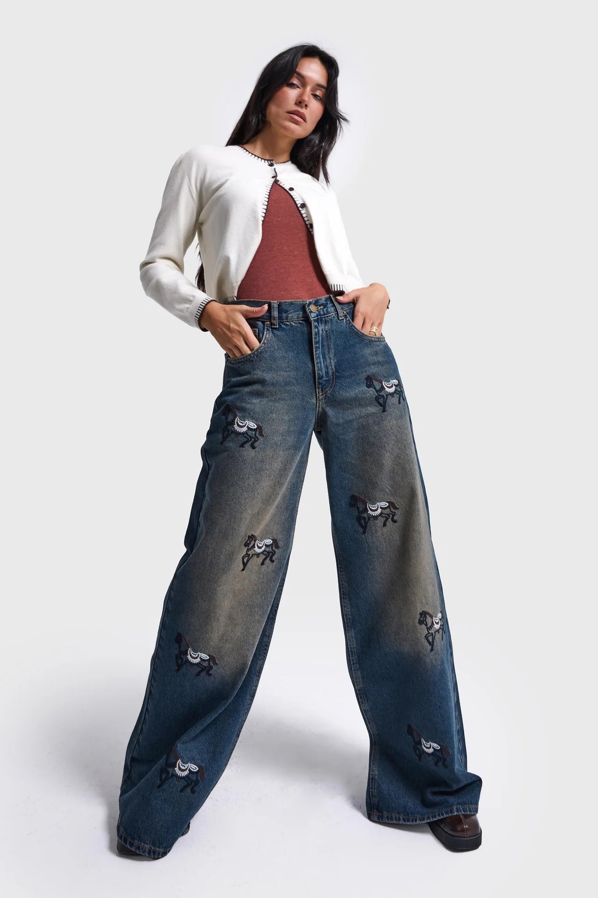 EMBROIDERY PALAZZO JEANS - TEXAS DIRTY BLUE
