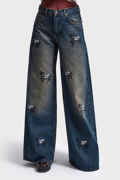 EMBROIDERY PALAZZO JEANS - TEXAS DIRTY BLUE