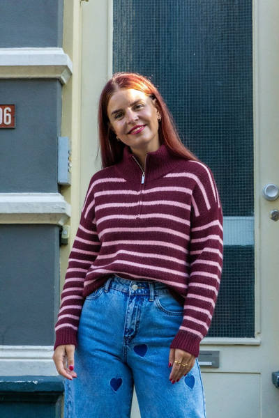 FAJA STRIPED ZIPPER KNIT - BORDEAUX/PINK