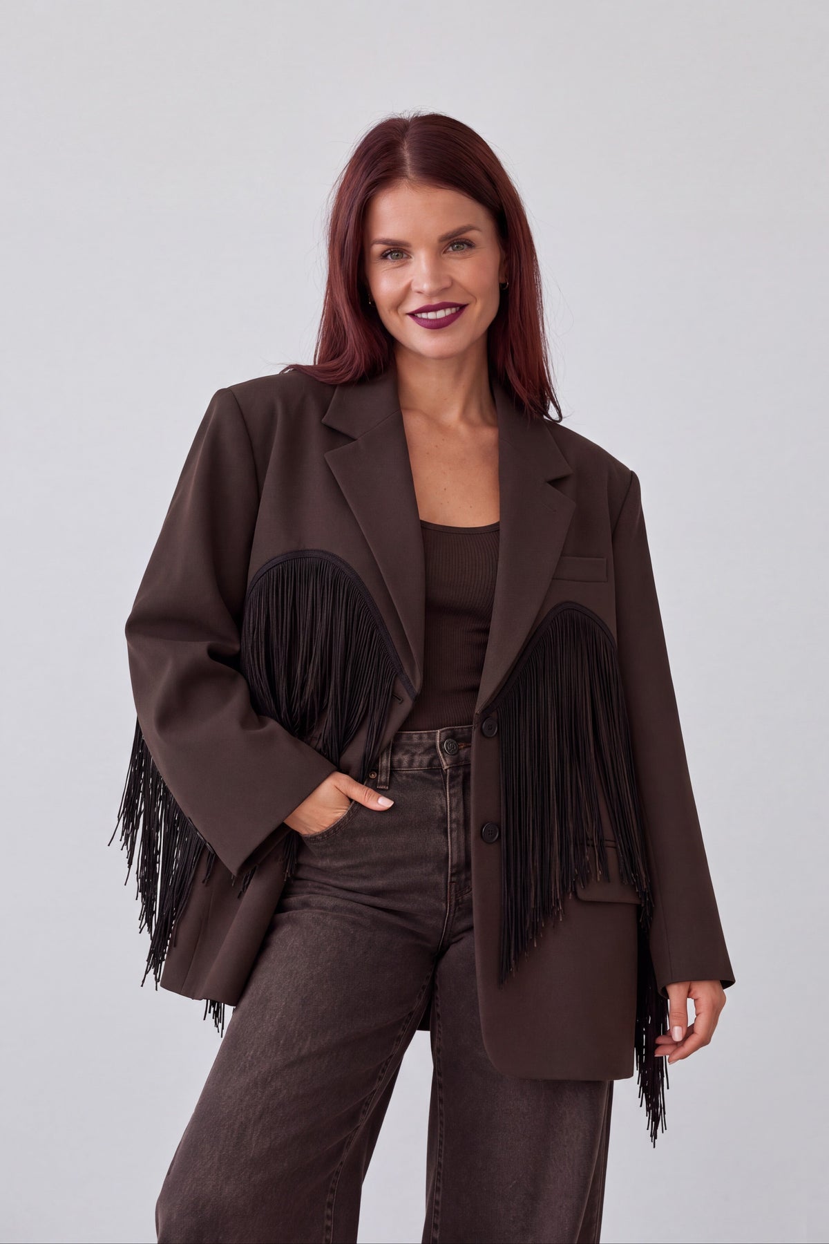 BROOKLYN FRINGE BLAZER - BROWN