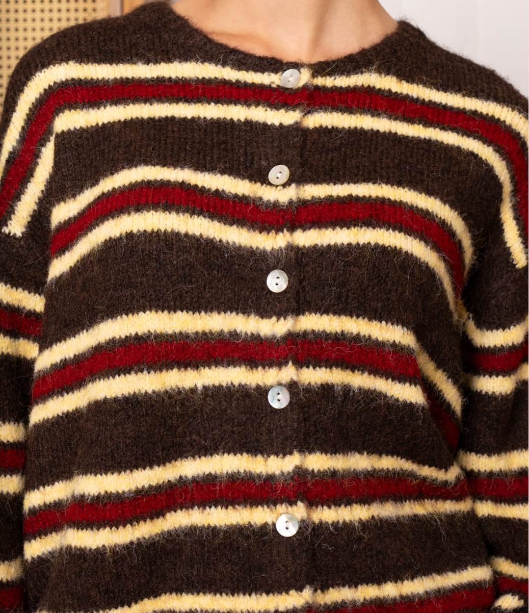 PALOMA STRIPED CARDIGAN - BROWN/BORDEAUX