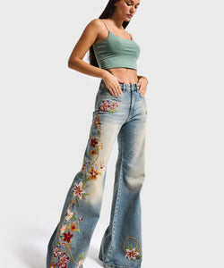 EMBROIDERY FLARE JEANS - CORNFLOWER/BLUE