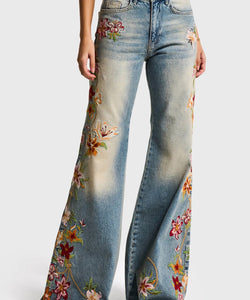 EMBROIDERY FLARE JEANS - CORNFLOWER/BLUE