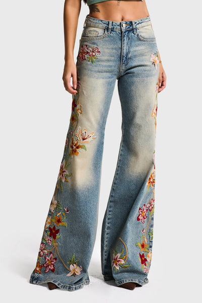 EMBROIDERY FLARE JEANS - CORNFLOWER/BLUE