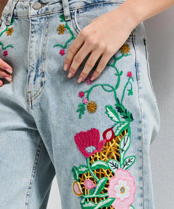 EMBROIDERY STRAIGHT JEANS - CUTWORK FLORAL BLUE