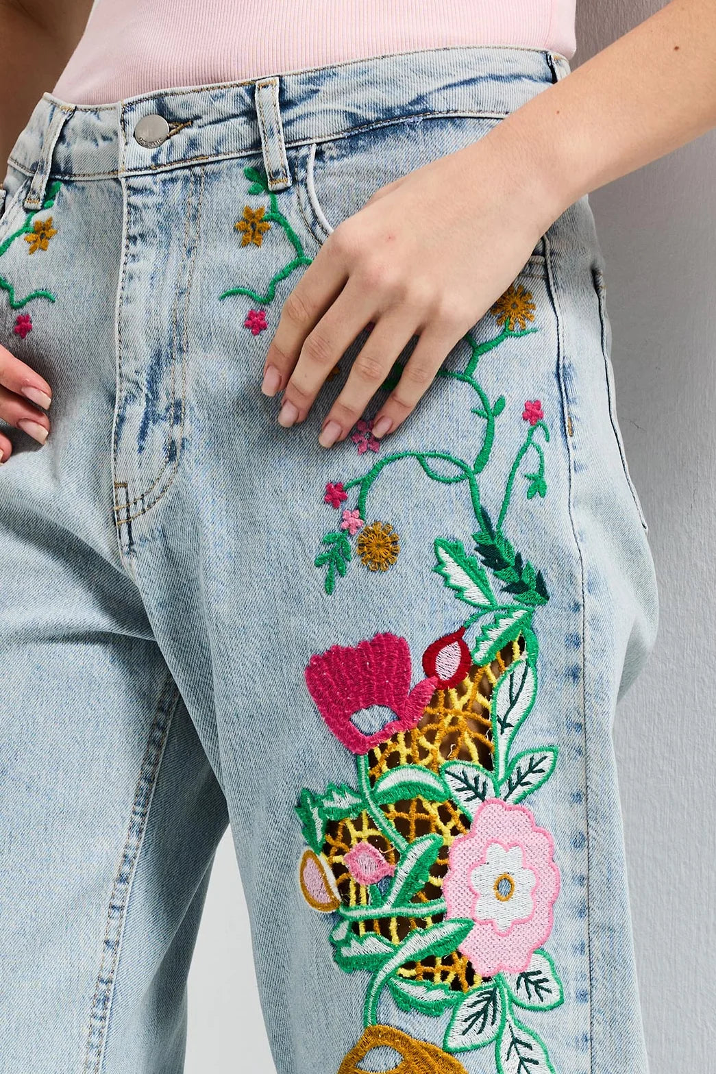 EMBROIDERY STRAIGHT JEANS - CUTWORK FLORAL BLUE