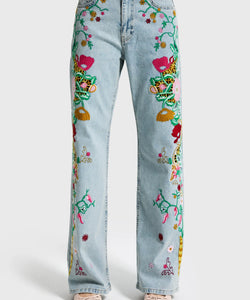 EMBROIDERY STRAIGHT JEANS - CUTWORK FLORAL BLUE