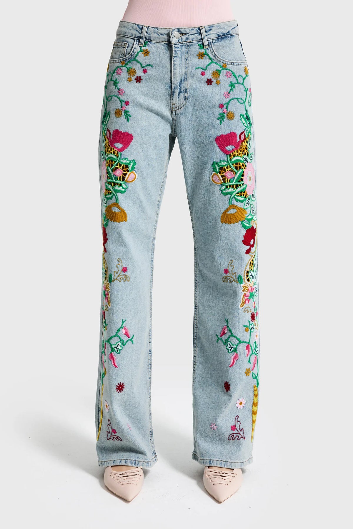 EMBROIDERY STRAIGHT JEANS - CUTWORK FLORAL BLUE