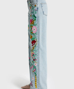 EMBROIDERY STRAIGHT JEANS - CUTWORK FLORAL BLUE
