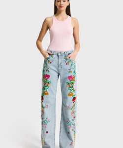 EMBROIDERY STRAIGHT JEANS - CUTWORK FLORAL BLUE