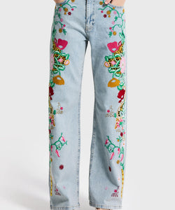 EMBROIDERY STRAIGHT JEANS - CUTWORK FLORAL BLUE