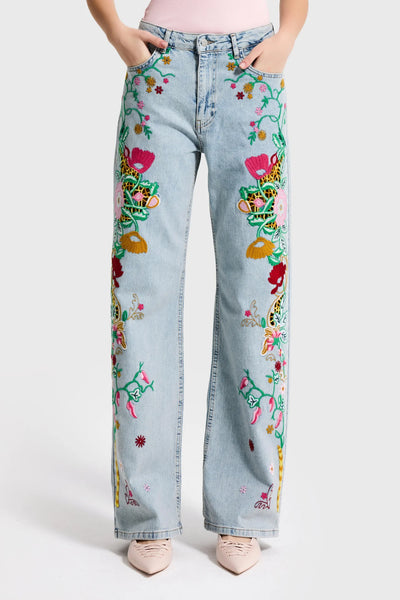 EMBROIDERY STRAIGHT JEANS - CUTWORK FLORAL BLUE