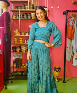 BERAWA LUXE | MILEY LS JACQUARD WRAP TOP - TURQUOISE / GREEN