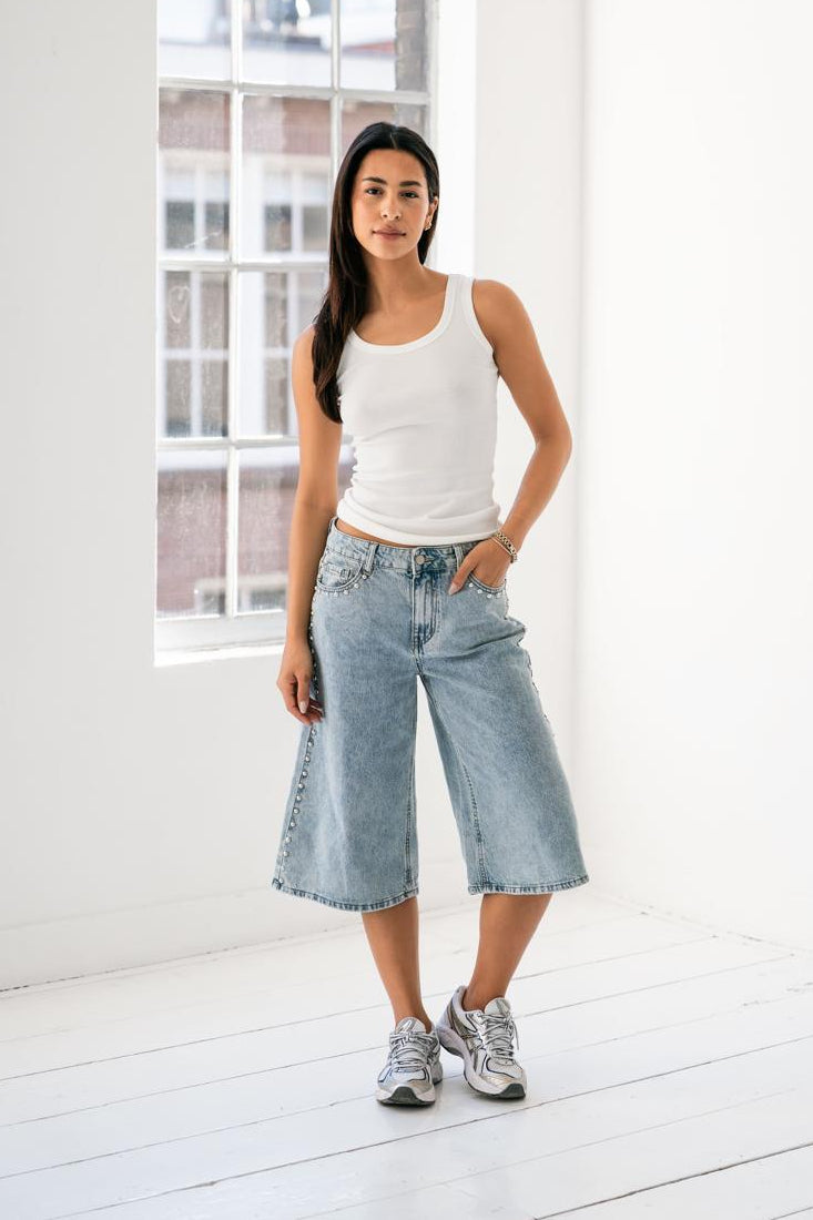 BENNY STUDDED DENIM JORTS - BLUE