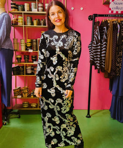 Y.A.S | FLORANA LS LONG DRESS - BLACK & SILVER SEQUINS