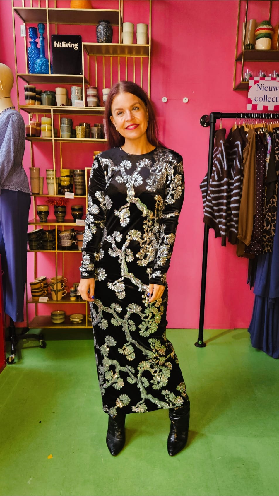 Y.A.S | FLORANA LS LONG DRESS - BLACK & SILVER SEQUINS