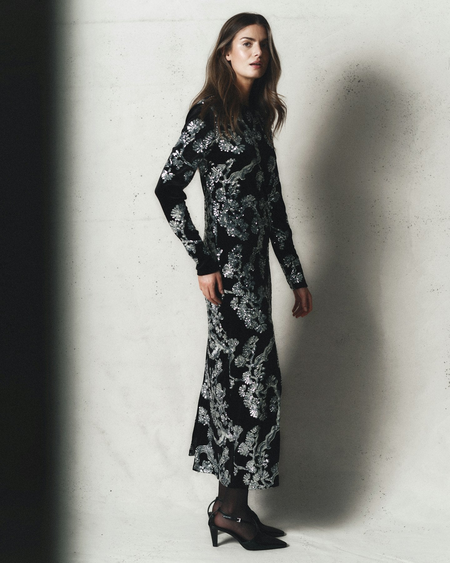 Y.A.S | FLORANA LS LONG DRESS - BLACK & SILVER SEQUINS