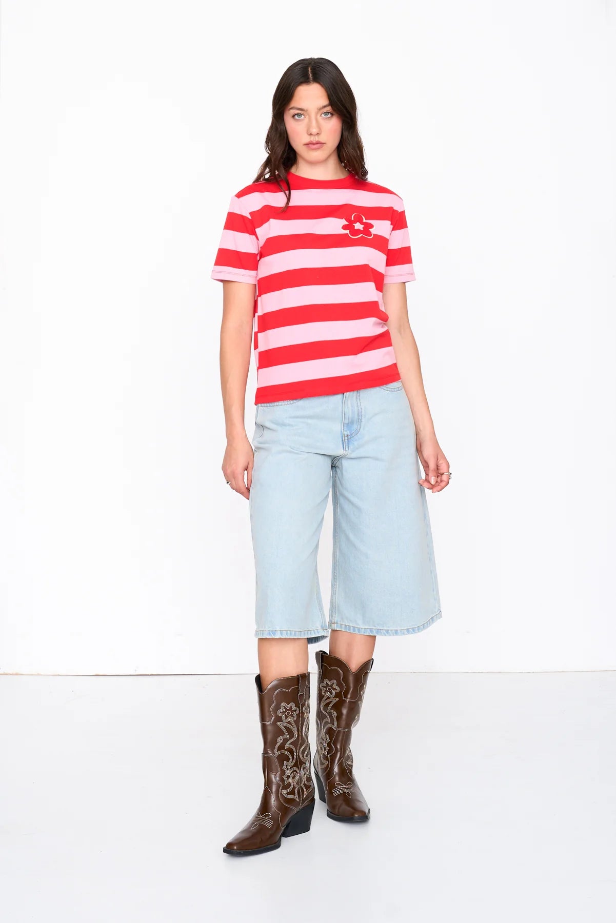 STRIPED FLOWER TEE - PINK