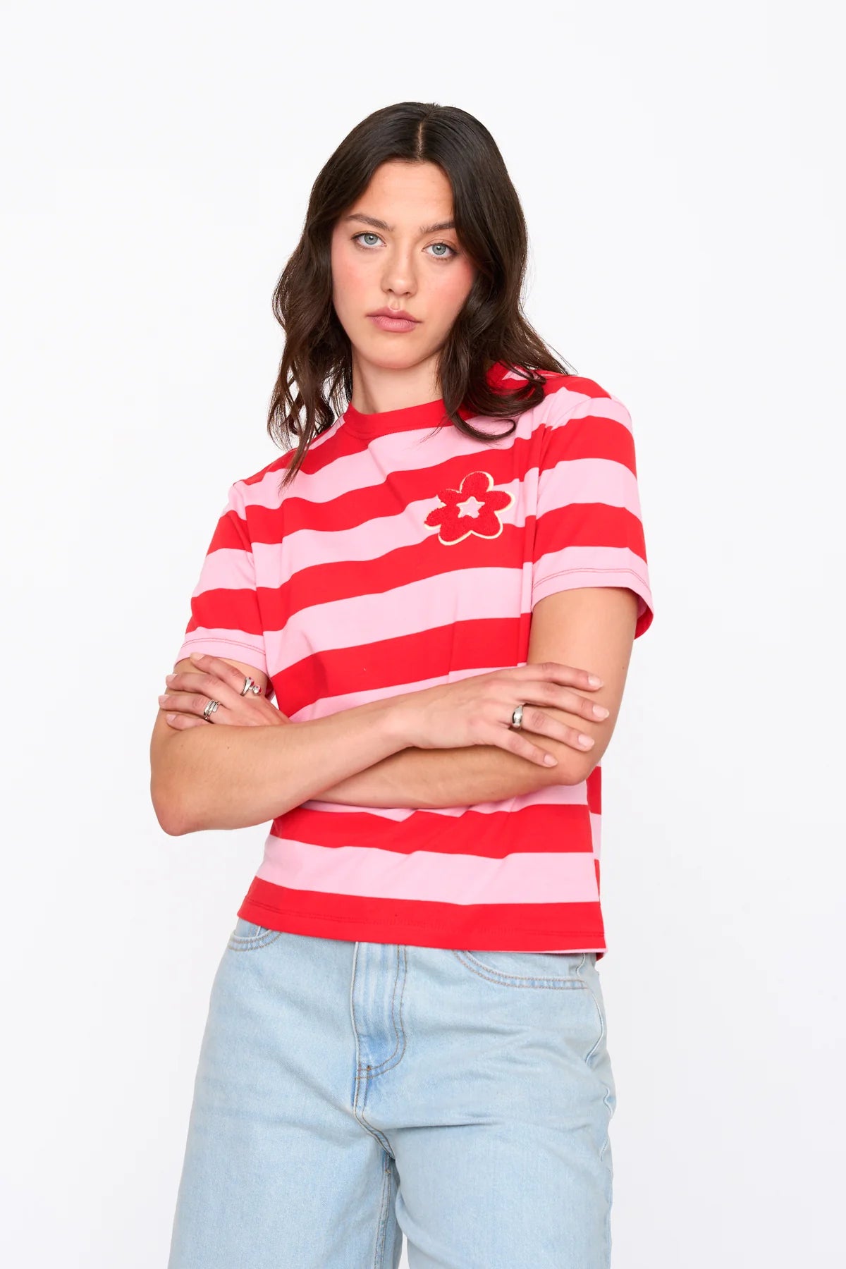 STRIPED FLOWER TEE - PINK